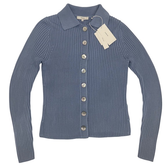 NWT Vince. Ribbed Collar Cardigan‎ Sweater Riviera Blue Medium - Picture 2 of 7